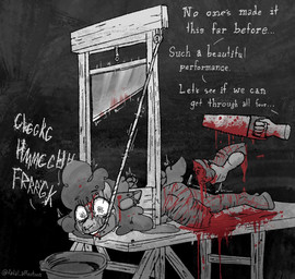 ambiguous_gender amputation anthro bdsm bleeding_out blood blood_drip blood_from_wound blood_puddle blood_splatter bodily_fluids bondage bound bucket container crying dripping duo ear_piercing emanata exclamation_point eyebrow_piercing facial_piercing fear_peeing floating_hands fluffy fluffy_hair fluffy_tail genital_fluids gore grey_background guillotine hair hands_behind_back hands_tied hands_tied_behind_back hooves imminent_amputation imminent_death industrial_piercing intense_stare leg_scar lying lying_on_table male male/ambiguous neck_tuft nose_piercing nose_ring on_front peril piercing praise predicament_bondage questionable_consent ring_piercing rope_in_mouth sadism saw scar scared shaking simple_background snuff speech_bubble tail tears text thigh_scar tools tuft urine urine_pool wetting wide_eyed wooden_structure wounded fatal_affection lambchop_(fatal_affection) ambiguous_species bovid caprine mammal sheep digital_drawing_(artwork) digital_media_(artwork) english_text greyscale hi_res monochrome