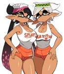 big_breasts bottomwear breasts cleavage clothed clothing duo ear_piercing ear_ring female piercing ring_piercing shorts tan_body tan_skin yuta_agc hooters nintendo splatoon callie_(splatoon) marie_(splatoon) squid_sisters_(splatoon) animal_humanoid cephalopod cephalopod_humanoid humanoid inkling marine marine_humanoid mollusk mollusk_humanoid hi_res