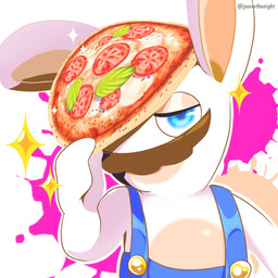 anthro bent_arm blue_clothing blue_eyes blue_overalls blue_pupils brown_facial_hair brown_mustache button_(fastener) clothed clothed_anthro clothed_male clothing facial_hair food food_on_head fur half-closed_eyes holding_food holding_object holding_pizza light long_ears looking_at_viewer male male_anthro mitten_hands multicolored_body mustache narrowed_eyes noseless overalls pizza pupils shirtless_anthro shirtless_male solo sparkles tan_eyelids tan_inner_ear text two_tone_body white_body white_fur jooniethenight mario_bros mario_plus_rabbids_kingdom_battle nintendo raving_rabbids rayman_(series) ubisoft rabbid_mario lagomorph mammal rabbid 1:1 2023 artist_name bust_portrait colored crossover digital_drawing_(artwork) digital_media_(artwork) english_description hi_res lighting portrait shaded