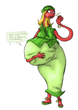 after_vore anthro blonde_hair clothing dress duo female female_pred green_clothing green_dress hair overweight red_body simple_background speech_bubble text vore white_background grindaviking nightmarebros scalie_schoolie esmerelda_(scalie_schoolie) reptile scalie snake 2018 english_text