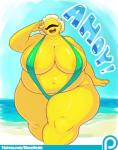 :d areola belly big_belly big_breasts bikini breasts clothed clothing dialogue eyes_closed female glistening glistening_body glistening_clothing huge_breasts navel not_furry obese obese_female obese_humanoid one-piece_swimsuit open_mouth overweight overweight_female overweight_humanoid patreon_logo simple_background skimpy sling_bikini smile solo swimwear teeth text thick_thighs tongue two-piece_swimsuit website_logo wide_hips yellow_body yellow_skin dieselbrain patreon sucy cyclops humanoid english_text hi_res url