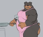 5_fingers anthro apron apron_only brown_body butt circle_eyebrows clothing eyebrows facial_piercing fingers gloves_(marking) gold_nose_ring grey_background grey_body holding_frying_pan holding_object holding_spatula holding_tool male markings nose_piercing nose_ring overweight overweight_anthro overweight_male piercing pink_apron pink_clothing ring_piercing simple_background spatula tools crispypandoughboi canid canine canis domestic_dog mammal guide_lines hi_res