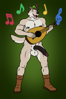 5_fingers anthro balls big_penis black_nose black_penis boots brown_boots brown_clothing brown_eyes brown_footwear clothing cute_fangs fangs fingers footwear front_view fur genitals glans green_clothing green_hat green_headwear grey_body grey_fur half-erect hat hat_feather headgear headwear holding_musical_instrument holding_object humanoid_genitalia humanoid_penis looking_at_viewer loose_feather lute male mostly_nude muscular muscular_anthro muscular_male musical_instrument musical_note musical_symbol nipples one_eye_closed open_mouth penis playing_music plucked_string_instrument purple_glans shoes smile solo standing string_instrument symbol teeth white_balls white_body white_fur wink winking_at_viewer mattdrawsmen escape_from_ever_after wolfgang_(escape_from_ever_after) canid canine canis mammal wolf 2026 hi_res