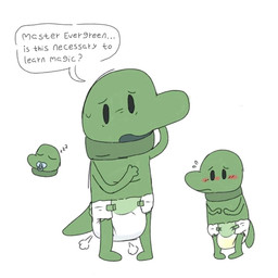 anthro blush bodily_fluids clean_diaper clothed clothing diaper diaper_only genital_fluids male object_in_mouth pacifier pacifier_in_mouth simple_background solo tail text topless unclean_diaper urine used_diaper wearing_diaper wet_diaper wetting shy_deer_emil adventure_time cartoon_network gunther_(adventure_time) dinosaur prehistoric_species reptile scalie 1:1 digital_media_(artwork) english_text