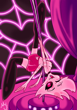 4_arms 4_fingers black_sclera boots bottomwear choker clothed clothing crossdressing curtains dancing detailed_background eyeshadow fingers fluffy fluffy_chest footwear fur fur_markings inside jewelry leather legwear looking_at_viewer makeup male markings multi_arm multi_limb necklace neon_lights one_eye_closed pink_body pink_eyes pink_fur pole pole_dancing shoes skirt solo stage thigh_boots thigh_highs tongue tongue_out white_body white_fur wink winking_at_viewer monochromejoker hazbin_hotel hellaverse angel_dust arachnid arthropod demon humanoid 2024 absurd_res digital_media_(artwork) hi_res shaded