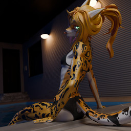 abs anthro athletic bikini blep breasts clothing female flat_chested grin looking_at_viewer ribs skinny slim small_breasts smile smug solo swimming_pool swimwear tongue tongue_out two-piece_swimsuit wet crashvalentine hella_faith cheetah felid feline mammal 1:1 hi_res