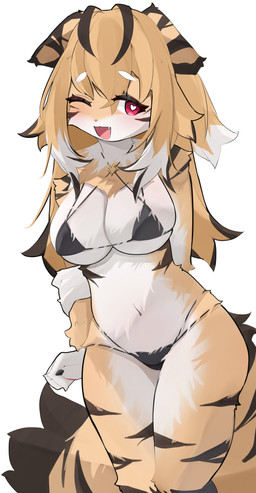 anthro arm_tuft bikini black_bikini black_clothing black_swimwear breasts clothing eyebrow_through_hair eyebrows eyelashes fangs female fur hair hand_behind_back kemono neck_tuft one_eye_closed open_mouth orange_body orange_fur red_eyes shoulder_tuft solo striped_body striped_fur stripes swimwear teeth translucent translucent_hair triangle_bikini tuft two-piece_swimsuit white_body white_fur wink yenamika felid mammal pantherine tiger 2025 absurd_res hi_res