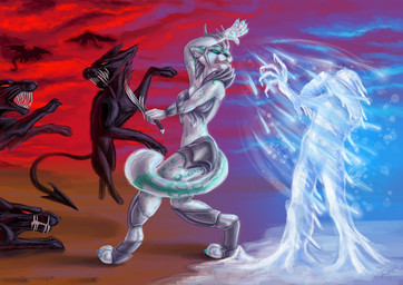 ambiguous_gender anthro armor battle black_body black_fur blood blue_eyes bodily_fluids facial_piercing female fight fur furgonomic_piercing furgonomics group hell ice leucistic magic magic_user markings melee_weapon muzzle_piercing nose_piercing outside piercing red_eyes septum_piercing snow spell spots sword tail teal_markings weapon white_body white_fur erin_raught mythology sierra_starpaw canid canid_demon canine canis demon domestic_cat domestic_dog felid feline felis hellhound jogauni mammal mythological_canine mythological_creature pantherine snow_leopard