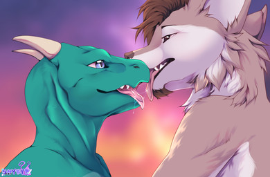anthro anthro_on_anthro bodily_fluids brown_body brown_fur brown_hair duo eye_contact face_to_face fur gradient_background green_body green_scales grey_eyes hair horn kissing long_tongue looking_at_another male male/male open_mouth orange_sky outside pupils purple_sky saliva saliva_string scales simple_background sky slit_pupils smile sunset tan_body tan_fur teal_body teeth tongue tongue_out white_body white_fur shyryp mythology imp_(imperialthescalie) massi_(massi_graywolf) canid canine canis dragon kobold mammal mythological_creature mythological_scalie reptile scalie wolf digital_media_(artwork) hi_res signature