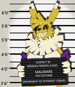 anthro armwear black_nose black_sclera blue_eyes breasts chart clothing female fingers fur fur_tuft grin hair height_chart holding_object holding_sign jail_placard looking_at_viewer measurements mugshot number open_mouth pixelated purple_clothing sign simple_background smile solo standing text tuft white_body white_fur yellow_body yellow_fur ajvulpes bandai_namco digimon fan_character malware_(ajvulpes) canid canine digimon_(species) mammal renamon digital_media_(artwork) english_text hi_res