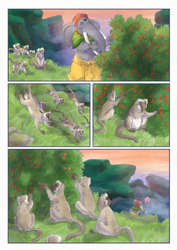 ambiguous_gender anthro berry biped clothing eyes_closed feral food fruit grass grey_body group horn male outside plant proboscis_(anatomy) sky trunk_(anatomy) young young_ambiguous young_feral bjekkergauken isilo_(bjekkergauken) elephant elephantid haplorhine mammal monkey primate proboscidean 2025 colored comic hi_res
