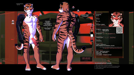 anthro balls butt cybernetic_arm cybernetic_limb cyberpunk cyberware front_view genitals humanoid_genitalia humanoid_penis male noir null penis qr_code rear_view robotic_arm text alexa_neon max_strong felid mammal pantherine tiger 16:9 english_text hi_res model_sheet widescreen