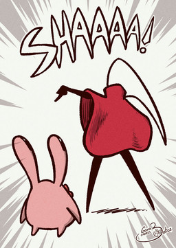 ambiguous_gender anthro biped cloak clothing duo exclamation_point fingers lips parody pink_body red_cloak red_clothing simple_background standing text white_background white_text garabatoz hollow_knight:_silksong hollow_knight_(franchise) one_piece team_cherry hornet_(hollow_knight) nuu_(hollow_knight:_silksong) arthropod insect 2025 english_text hi_res female_(lore)
