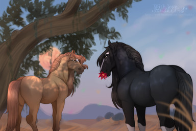 ambiguous_feral ambiguous_gender black_body black_mane black_tail day duo eyelashes feral flower_in_mouth leg_markings mane markings orange_mane orange_tail outside plant quadruped socks_(marking) tail tan_body tree yellow_eyes huskii-s equid equine horse mammal hi_res
