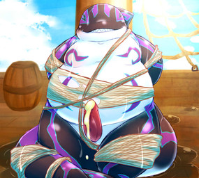 anthro big_penis blush bodily_fluids bound erection fin genital_fluids genitals head_fin male overweight overweight_anthro overweight_male penis precum ship solo submissive submissive_male vehicle watercraft wet chiro_(artist) aquatic fish shark character_request