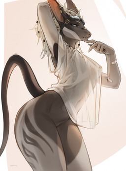 anthro biped bottomless bottomless_anthro bottomless_female breasts claws clothed clothed_anthro clothed_female clothing female fingers fur hair medium_breasts nipple_outline nipple_piercing nipples partially_clothed partially_clothed_anthro partially_clothed_female piercing solo standing tail teeth hudojishe acrador canid canine canis jackal mammal 2026 digital_drawing_(artwork) digital_media_(artwork) hi_res