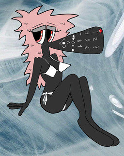 abstract_background anthro bikini black_body breasts clothing controller directional_arrow female hair long_hair mouthless number pink_hair pointy_breasts power_symbol pushbutton red_eyes remote_control sitting solo swimwear two-piece_swimsuit what white_bikini white_clothing white_sclera white_swimwear alicesqueaks animate_inanimate living_remote_control 2025 4:5