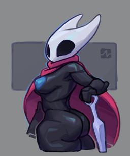 anthro areola big_butt black_body black_eyes blue_areola blue_nipples breasts butt cloak cloak_only clothing empty_eyes female grey_background holding_object holding_weapon looking_at_viewer nipples red_cloak red_clothing simple_background solo thick_thighs weapon white_body wide_hips pulseblock hollow_knight_(franchise) team_cherry hornet_(hollow_knight) arthropod insect 2025