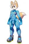 2:3 abs anthro athletic athletic_anthro athletic_male biped bulge canid canine clothing cosplay crossover crossover_cosplay detailed_bulge footwear fox fox_mccloud genital_outline high_heels male mammal metroid nintendo nipples penis_outline quads shoes solo source_request star_fox stickypad tight_clothing wide_hips zero_suit zerosuit_fox