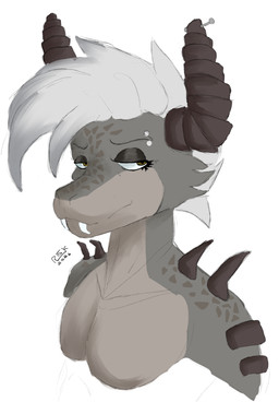 alternative_fashion anthro arm_spikes brown_horn eyebrow_piercing eyelashes facial_piercing fangs furgonomic_piercing furgonomics grey_body hair horn horn_piercing looking_away male markings piercing punk scales shoulder_spikes sidecut solo spikes spikes_(anatomy) spots spotted_body spotted_scales teeth white_hair yellow_eyes azimuthium fallout microsoft gevaudan_(good4life4ever) deathclaw scalie 2026 absurd_res digital_media_(artwork) digital_painting_(artwork) hi_res painting_(artwork) signature