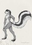 anthro butt fluffy fluffy_tail fur grey_body grey_fur male nude simple_background solo tail walking white_background loque canid mammal mephitid mustelid skunk 2019