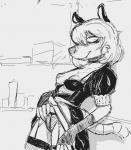 anthro bottomwear breasts clothed clothing clothing_lift eyes_closed female hair maid_uniform nipples one_breast_out skirt skirt_lift smile uniform smekbo the_tale_of_jasper_gold maude_o'dell american_opossum mammal marsupial virginia_opossum black_and_white monochrome