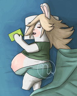 anthro bed belly bent_arm big_belly blue_bedding blue_blanket book butt clothed clothed_anthro clothed_female clothing eyes_closed featureless_legs female female_anthro fully_clothed fully_clothed_anthro fully_clothed_female fur furniture green_clothing green_shirt green_topwear hair high-angle_view inside light logo long_ears long_hair lying lying_on_bed mitten_hands multicolored_body navel on_bed on_side open_mouth outie_navel overweight overweight_anthro overweight_female pregnant pregnant_anthro pregnant_female shirt sleeping solo tan_body tan_eyelids tan_inner_ear tan_skin text thick_thighs topwear two_tone_body white_body white_fur skywater mario_bros mario_plus_rabbids_sparks_of_hope nintendo raving_rabbids rayman_(series) ubisoft rabbid_rosalina lagomorph mammal rabbid 2026 4:5 absurd_res adobe_photoshop_(artwork) artist_logo colored crossover digital_drawing_(artwork) digital_media_(artwork) english_description english_text hi_res lighting shaded