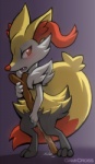 anthro black_body black_fur blush bodily_fluids female fur genital_fluids masturbation nude open_mouth red_body red_eyes red_fur red_nose semi-anthro solo stick tail vaginal_fluids white_body white_fur yellow_body yellow_fur dark_nek0gami nintendo pokemon braixen canid canine generation_6_pokemon mammal pokemon_(species) 2016