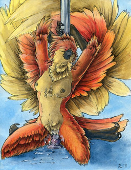 anthro beak bodily_fluids breasts chest_tuft claws dildo dildo_sitting eyes_closed feather_tuft feathers female finger_claws genital_fluids genitals masturbation messy multicolored_body multicolored_feathers navel nipples non-mammal_breasts non-mammal_navel non-mammal_nipples nude open_beak open_mouth orange_body orange_feathers penetration pole sex_toy solo toe_claws toying_self tuft vaginal vaginal_fluids vaginal_masturbation vaginal_penetration vulva yellow_body yellow_feathers ruaidri avian bird 2011 dated full-length_portrait painting_(artwork) portrait signature traditional_media_(artwork) traditional_painting_(artwork) traditional_watercolor_(artwork) watercolor_(artwork)