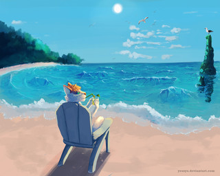 beach day detailed_background fur outside sand seaside shoreline sky sun text water white_body white_fur yessys felid feline mammal 2018 5:4 digital_media_(artwork) hi_res url