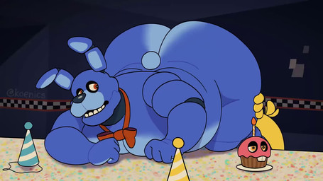 ambiguous_gender anal anal_penetration anthro big_butt blue_body bow_tie butt clothing duo furniture hat headgear headwear machine male male/ambiguous oral overweight overweight_anthro overweight_male party_hat penetration red_bow red_bow_tie rimming rimming_male sex table koenics five_nights_at_freddy's scottgames bonnie_(fnaf) cupcake_(fnaf) animatronic lagomorph leporid mammal rabbit robot animated no_sound short_playtime webm