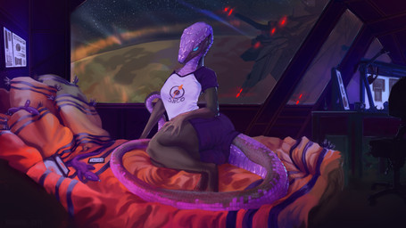anthro aurora_(phenomenon) bed bedding biped black_body black_scales blanket blue_eyes bottomwear breasts cellphone chair clothed clothing computer desk detailed_background electronics feet female furgonomics furniture hand_on_leg hand_on_thigh headgear headphones headset logo long_tail looking_at_viewer monitor multicolored_body multicolored_scales non-mammal_breasts office_chair on_bed pants phone pillow planet plushie purple_body purple_scales scales science_fiction shirt sitting sitting_on_bed smartphone solo space spacecraft star table tail topwear two_tone_body two_tone_scales vehicle window velannal zmia reptile scalie snake 16:9 hi_res widescreen