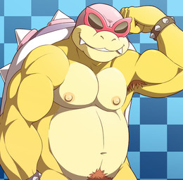 anthro armpit_hair biceps biped body_hair checkered checkered_background eyewear glasses looking_at_viewer male musclegut muscular muscular_anthro muscular_male nipples nude pattern_background pecs pubes sharp_teeth simple_background smile solo standing teeth anti_dev mario_bros nintendo koopaling roy_koopa dragon_koopa koopa scalie 2016