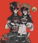 alternative_fashion anthro band_t-shirt bracelet clothed clothing collar duo emo emoji hat headgear headwear jewelry knife male red_background scar simple_background spiked_collar spikes text t4tcritters misfits_(band) my_chemical_romance rancid_(band) the_damned felid feline mammal english_text hi_res