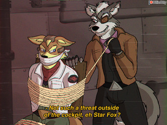 anthro bdsm blue_eyes bondage bottomwear bound captured cloth_gag clothed clothing duo eye_patch eyewear fur gag gagged grey_body grey_fur hair kidnapping male male/male orange_body orange_fur red_eyes restraints rope rope_bondage tail text topwear vhs_filter ollieotty nintendo star_fox fox_mccloud wolf_o'donnell canid canine canis fox mammal wolf 4:3 english_text