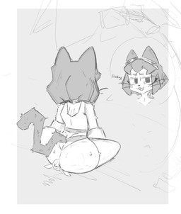anthro butt butt_crush female macro male male/female micro sitting sitting_on_another size_difference badartist gameoverse glitch_productions kit_bodega felid mammal hi_res monochrome