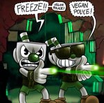 bracelet breaking_wall clothed clothing container cup duo eyewear finger_gun for_a_head gesture glasses green_clothing hand_gesture jewelry male police shooting wall_(structure) killb94_(artist) cuphead_(game) scott_pilgrim_(series) cuphead_(character) mugman humanoid object_head 2018 digital_drawing_(artwork) digital_media_(artwork)