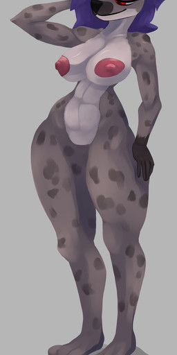 anthro breasts featureless_crotch female fur grey_background grey_body grey_fur hair markings nipples nude purple_hair red_eyes simple_background solo spots spotted_body thick_thighs soda_sod hyena mammal absurd_res hi_res