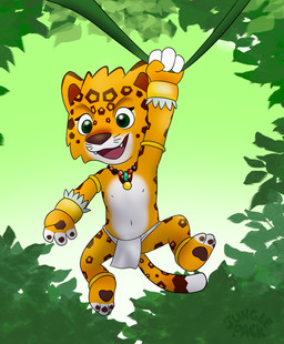 aztec_clothing bottomwear clothing fur green_eyes hanging_from_branch loincloth markings pawpads simple_background spots spotted_body spotted_fur tribal yellow_body young tribaldragon fifa zayu_(fifa) felid feline jaguar mammal pantherine absurd_res hi_res
