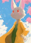 anthro blush clothing cloud coat ears_up female fur fuzzbit! hi_res key_rooki lacy_(fuzzbit!) lagomorph leaf leporid looking_at_another mammal oryctolagus pink_ears rabbit red_eyes scut_tail short_tail smile smiling_at_another solo tail topwear white_body white_fur