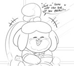 3_fingers accessory anthro bangs baseboard black_nose bow_tie chair clothed clothed_anthro clothed_female clothing dialogue eyelashes eyes_closed female female_anthro fingers fluffy fluffy_ears fluffy_tail furniture hair hair_accessory hair_tie haircut happy hearts_around_text on_chair open_mouth open_smile overweight overweight_anthro overweight_female ponytail shirt sitting sitting_on_chair smile solo tail teeth text tongue topwear wall_(structure) window drememoto animal_crossing nintendo isabelle_(animal_crossing) canid canine canis domestic_dog mammal shih_tzu toy_dog 2024 black_and_white digital_drawing_(artwork) digital_media_(artwork) english_description english_text hi_res monochrome sketch