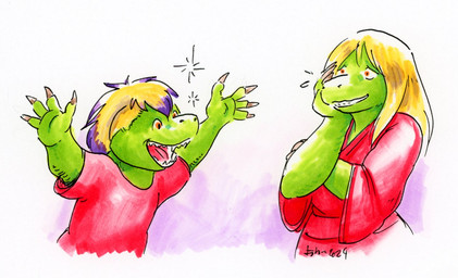 4_fingers adolescent arms_out blonde_hair claws clothed clothing crossed_arms dress duo earless female fingers green_body hair hand_on_arm hand_on_face happy highlights_(coloring) long_hair looking_at_another multicolored_hair nervous nervous_smile open_mouth orange_claws orange_eyes purple_highlights raised_arm raised_arms red_clothing red_dress red_shirt red_t-shirt red_topwear sharp_teeth shirt short_hair simple_background smile snout star_(shape) straight_hair t-shirt teeth tongue topwear two_tone_hair white_background young cervelet crystal_(growing_troubles) liz_(growing_troubles) lizard lizard_taur reptile reptile_taur scalie scalie_taur taur 2024 half-length_portrait painting_(artwork) portrait shaded signature traditional_media_(artwork) traditional_painting_(artwork) traditional_watercolor_(artwork) watercolor_(artwork) daughter_(lore) mother_(lore) mother_and_child_(lore) mother_and_daughter_(lore) parent_(lore) parent_and_child_(lore) parent_and_daughter_(lore)