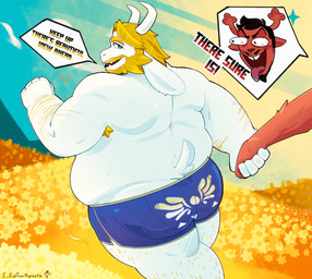2_horns anthro antlers arm_hair armpit_hair beard black_eyebrows black_facial_hair black_hair blonde_beard blonde_eyebrows blonde_facial_hair blonde_hair blue_clothing blue_eyes blue_underwear body_hair brown_body brown_fur buckteeth clothed clothing dialogue duo exclamation_point eyebrows facial_hair flower flower_field fur goatee hair hand_holding horn leg_hair love_handles male mature_anthro mature_male mostly_offscreen_character mustache overweight overweight_anthro overweight_male plant small_tail speech_bubble tail teeth text thick_thighs tongue tongue_out underwear underwear_only white_body white_fur wide_eyed yellow_flower i_eattoothpaste deltarune undertale_(series) asgore_dreemurr rudolph_holiday bovid caprine deer goat mammal new_world_deer reindeer 2026 digital_drawing_(artwork) digital_media_(artwork) english_description english_text hi_res meme