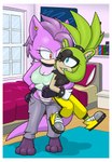 3_toes anthro barefoot blue_eyes bottomwear clothing duo feet female footwear fur hug kicking_legs kissing_cheek love mohawk pants paws plantigrade polka_dot_panties purple_body purple_fur red_eyes sagging_pants shoes toes torn_sleeves yellow_bottomwear yellow_clothing yellow_pants sonicguru idw_publishing sega sonic_the_hedgehog_(comics) sonic_the_hedgehog_(idw) sonic_the_hedgehog_(series) bre_the_kangaroo_(sonic_oc) surge_the_tenrec hi_res sibling_(lore) sister_(lore) sisters_(lore)