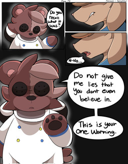 anthro bite biting_lip brown_body brown_fur brown_hair button_(fastener) button_eyes clenched_teeth dialogue duo fur gesture hair hand_gesture intimidation male nervous paws plushie pointing scared spacesuit teeth text young spicykiwi alex_(spicykiwi) animate_inanimate bear domestic_cat felid feline felis hybrid lagomorph leporid living_plushie mammal rabbit comic english_text hi_res
