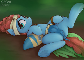 anus blue_body blue_eyes butt clothing eyelashes female feral genitals hooves lying nipples on_back pupils quadruped solo spread_legs spreading tail teats vulva dosh friendship_is_magic hasbro my_little_pony meadowbrook_(mlp) equid equine horse mammal pony hi_res