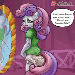 abuse anthro anthrofied asking asking_another bodily_fluids clothed clothing crying dialogue diaper diaper_fetish feces female genital_fluids green_clothing green_shirt green_t-shirt green_topwear horn humiliation loli looking_at_viewer mirror monotone_clothing monotone_shirt monotone_t-shirt monotone_topwear name_drop name_in_dialogue offscreen_character patreon_logo punishment question sad scatplay shirt soiled soiled_diaper soiling solo speech_bubble t-shirt tag_question talking_to_another tears text topwear unclean_diaper urine used_diaper wearing_diaper website_logo wet_diaper yes-no_question young young_anthro smudge_proof friendship_is_magic hasbro my_little_pony mythology patreon sweetie_belle_(mlp) equid equine mammal mythological_creature mythological_equine unicorn 1:1 absurd_res digital_media_(artwork) english_text hi_res sketch url