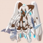 anthro armor biped blue_eyes brown_body brown_fur cybernetic_leg cybernetic_limb cybernetics female fur hair holding_object holding_weapon kemono long_hair machine mecha_musume power_armor simple_background solo standing weapon white_hair kishibe cyborg domestic_cat felid feline felis mammal 1:1 digital_media_(artwork) full-length_portrait portrait