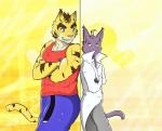 anthro blush clothing collared_shirt crossed_arms dress_shirt duo eyebrows grin kemono male male/male muscular muscular_male shirt simple_background smile thick_eyebrows topwear paomer morenatsu shin_(morenatsu) torahiko_(morenatsu) domestic_cat felid feline felis mammal pantherine tiger