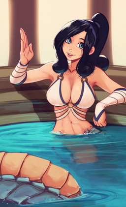 5_fingers apode big_breasts black_hair blue_eyes breasts cleavage clothed clothing female fingers hair legless looking_at_viewer monster_girl_(genre) open_mouth partially_submerged serpentine smile solo split_form swimwear teeth water raichiyo33 draconcopode humanoid lamia reptile scalie snake 2021 absurd_res digital_media_(artwork) hi_res